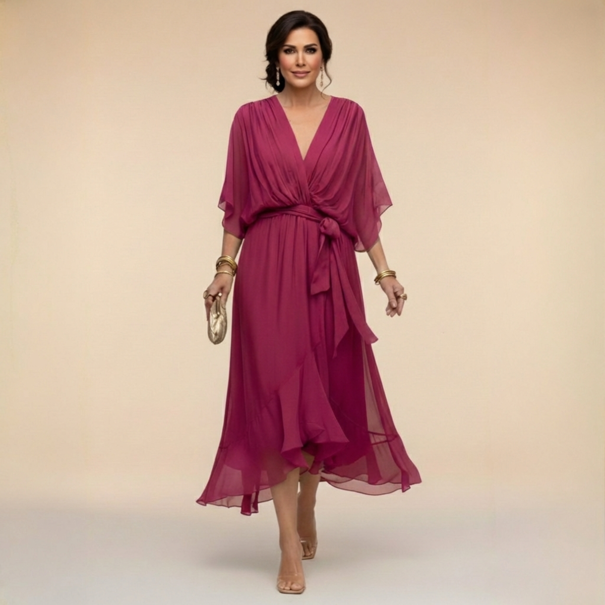 Women's V-Neck Wrap Midi Dress with Tie Waist