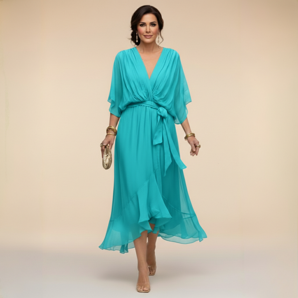 Women's V-Neck Wrap Midi Dress with Tie Waist