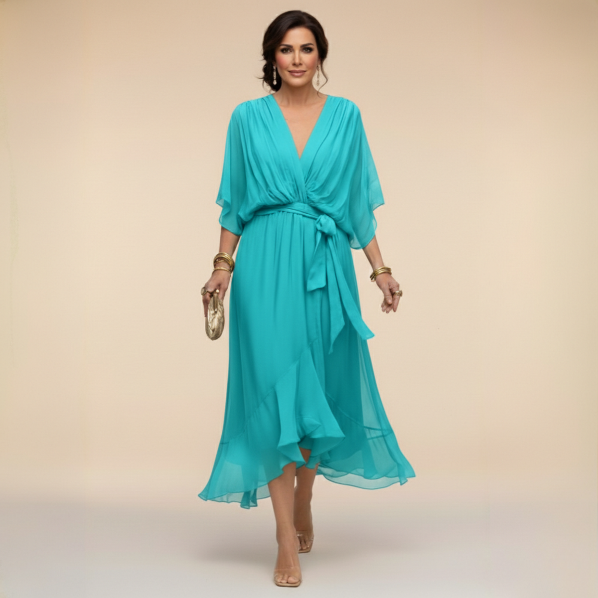 Women's V-Neck Wrap Midi Dress with Tie Waist