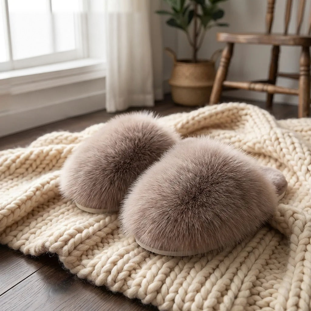 Ladies Slippers - Fluffy Faux Fur Plush Slippers with Non-Slip Sole