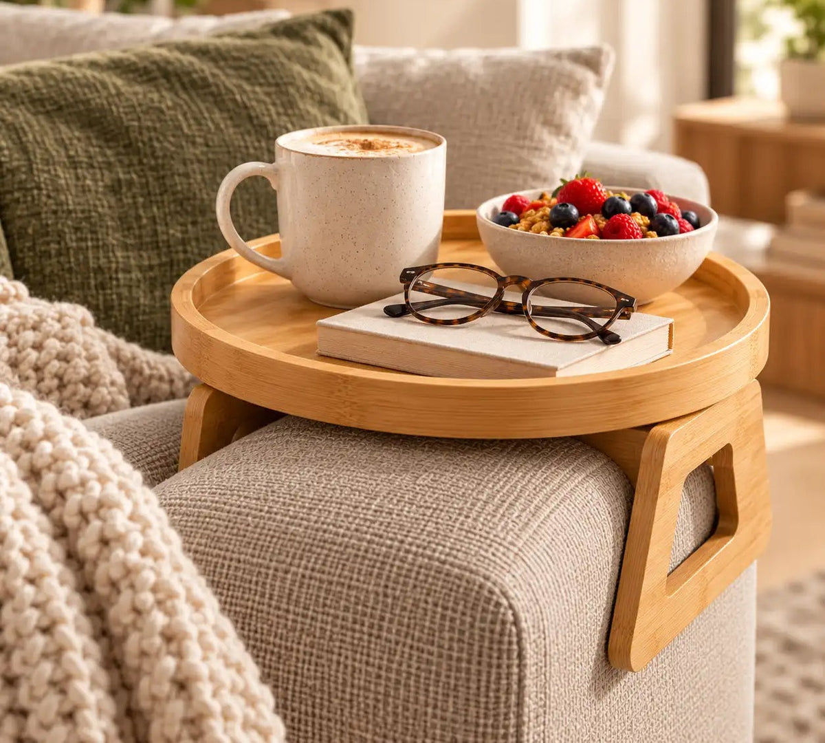 Bamboo Sofa Arm Tray Clip-On Table