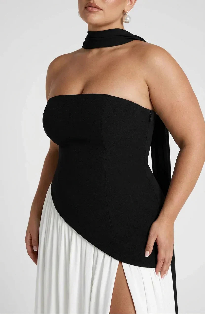 Women's Maxi Dress - Strapless Colorblock Style with High Side Slit