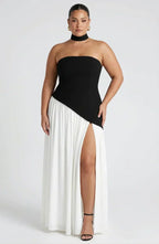 Women's Maxi Dress - Strapless Colorblock Style with High Side Slit