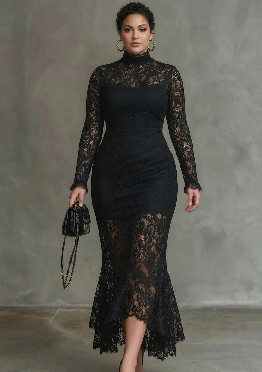 Women's Black Lace Fishtail Maxi Dress with Sheer Sleeves