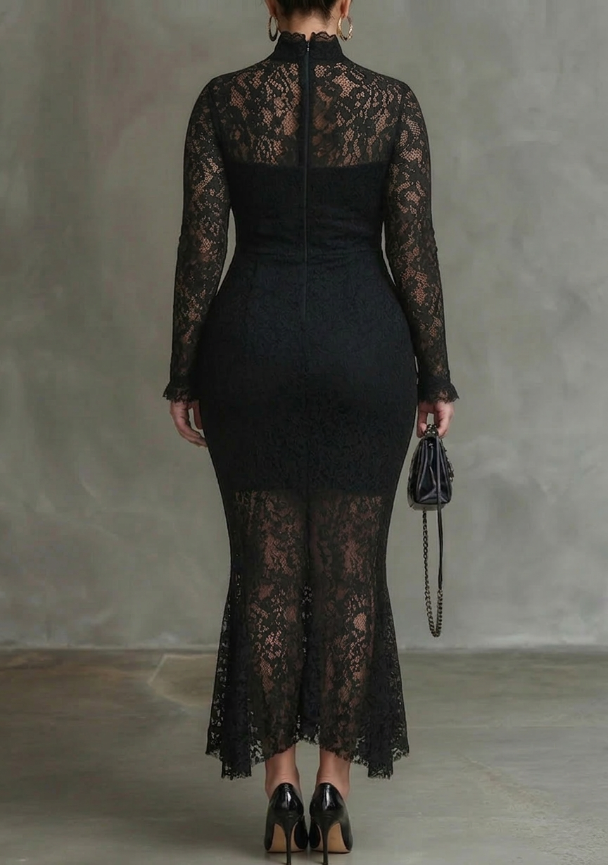 Women's Black Lace Fishtail Maxi Dress with Sheer Sleeves