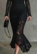 Women's Black Lace Fishtail Maxi Dress with Sheer Sleeves