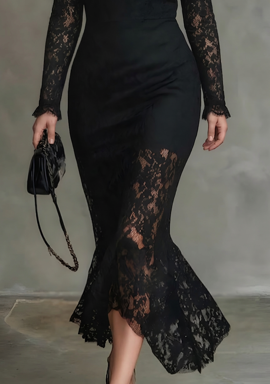 Women's Black Lace Fishtail Maxi Dress with Sheer Sleeves