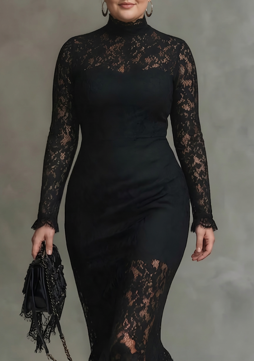 Women's Black Lace Fishtail Maxi Dress with Sheer Sleeves