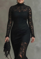 Women's Black Lace Fishtail Maxi Dress with Sheer Sleeves