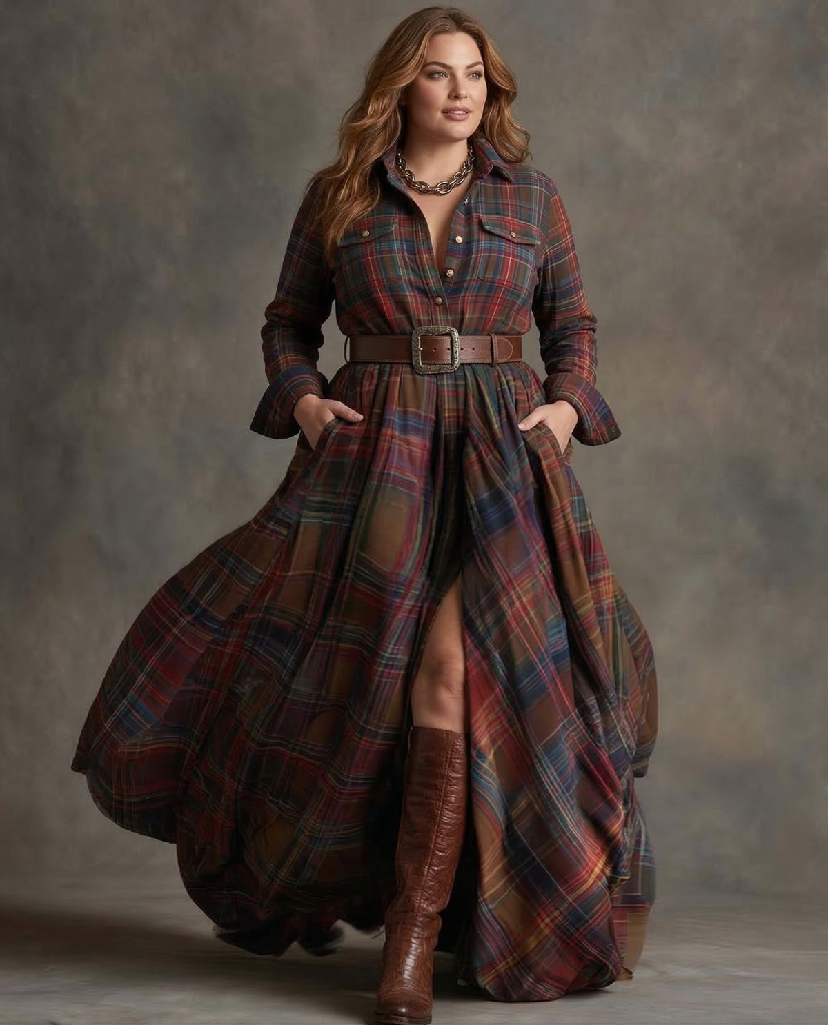 Women's Belted Dress with Flared Skirt and Side Pockets