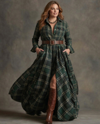 Women's Belted Dress with Flared Skirt and Side Pockets