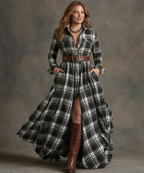 Women's Belted Dress with Flared Skirt and Side Pockets