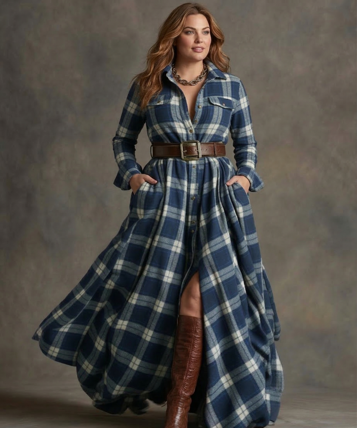 Women's Belted Dress with Flared Skirt and Side Pockets