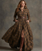 Women's Belted Dress with Flared Skirt and Side Pockets