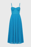 Robe Midi Femme - Bustier Plissée Bretelles Fines | Élégante — Bleu