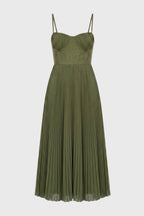 Robe Midi Femme - Bustier Plissée Bretelles Fines | Élégante — Olive