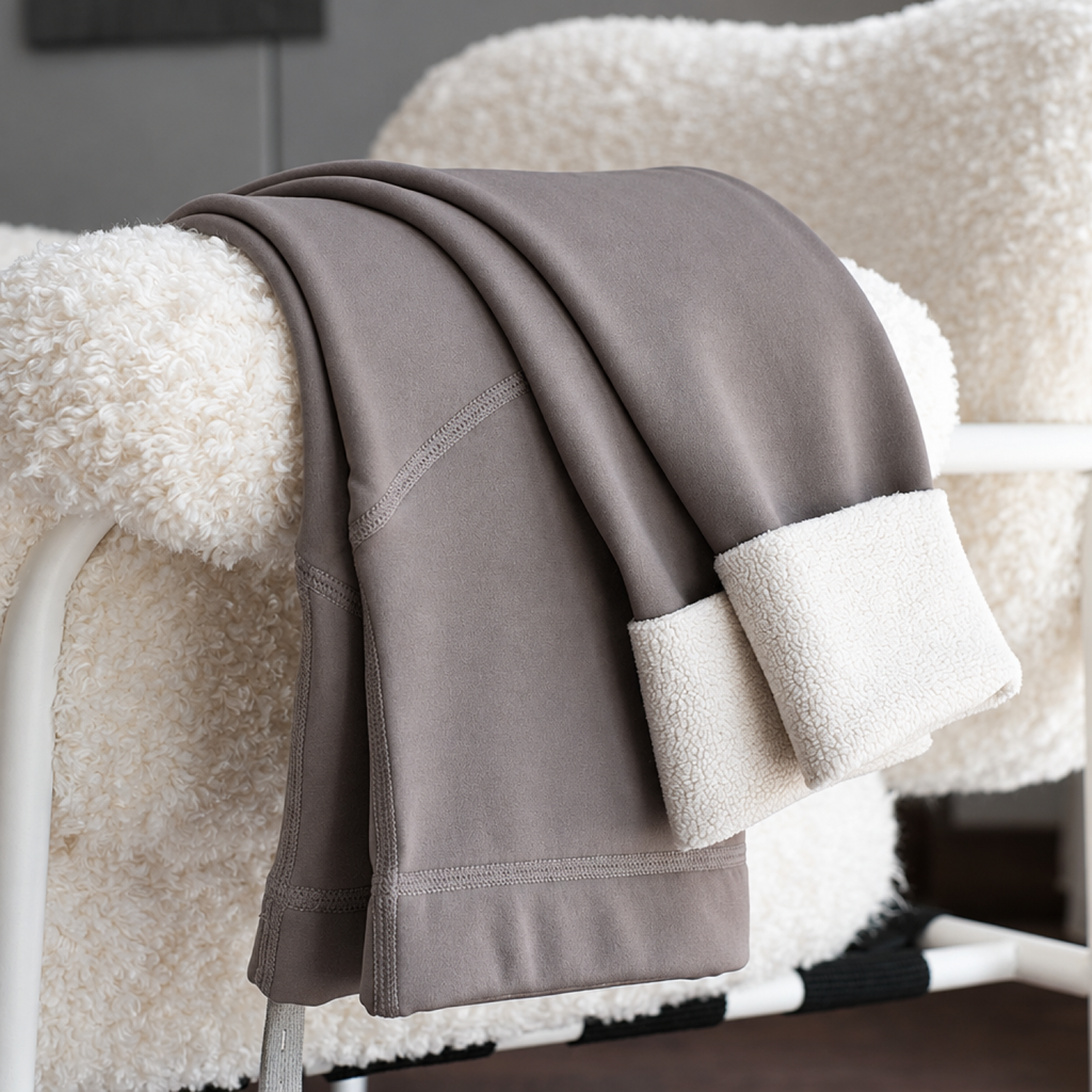 Rock Grey maternity thick fleece leggings with belly support panel draped over a chair