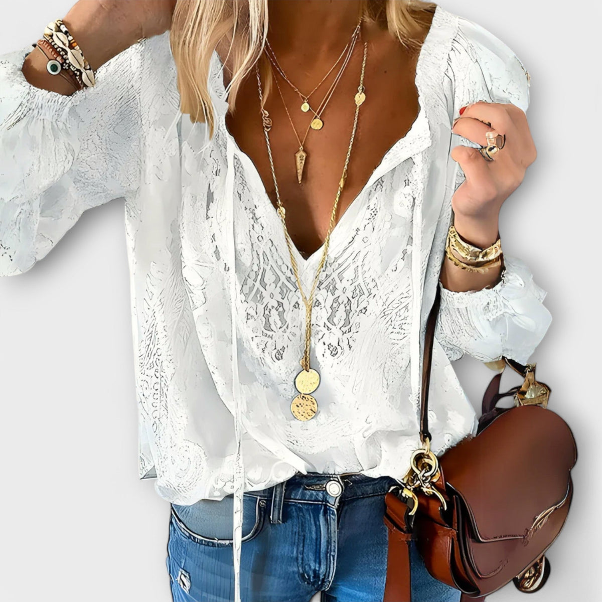 Women's V-Neck Long Sleeve Lace Blouse