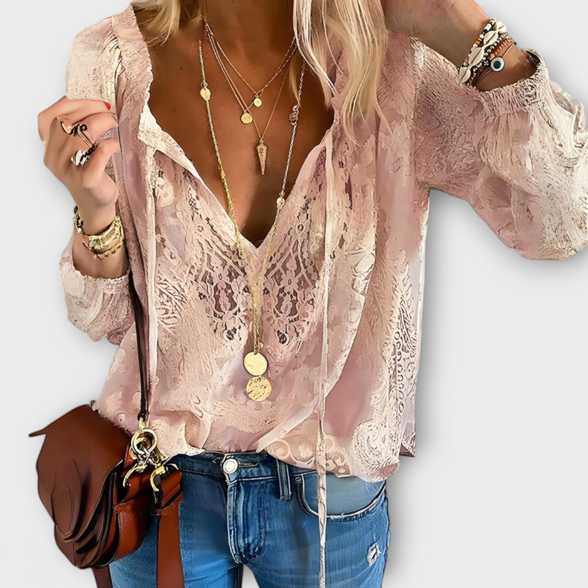 Women's V-Neck Long Sleeve Lace Blouse