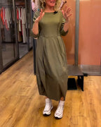 Women's Round Neck Dress with 3/4 Sleeves - Tailored Fit