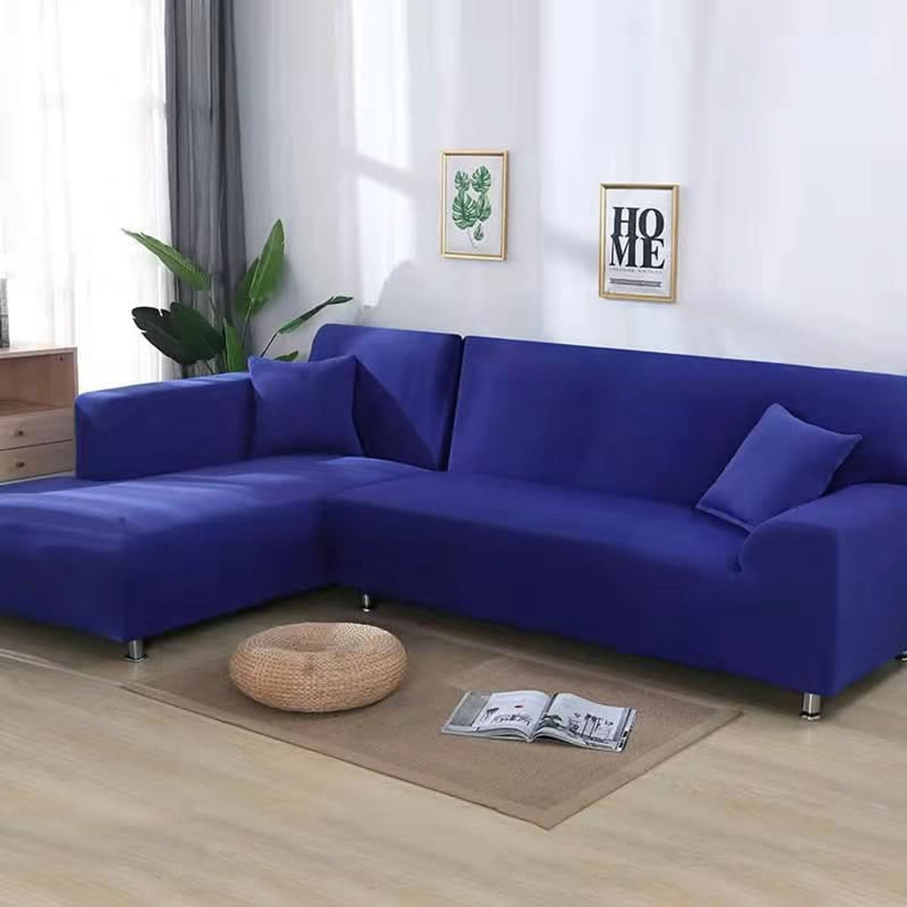stretch corner sofa cover in sapphire blue