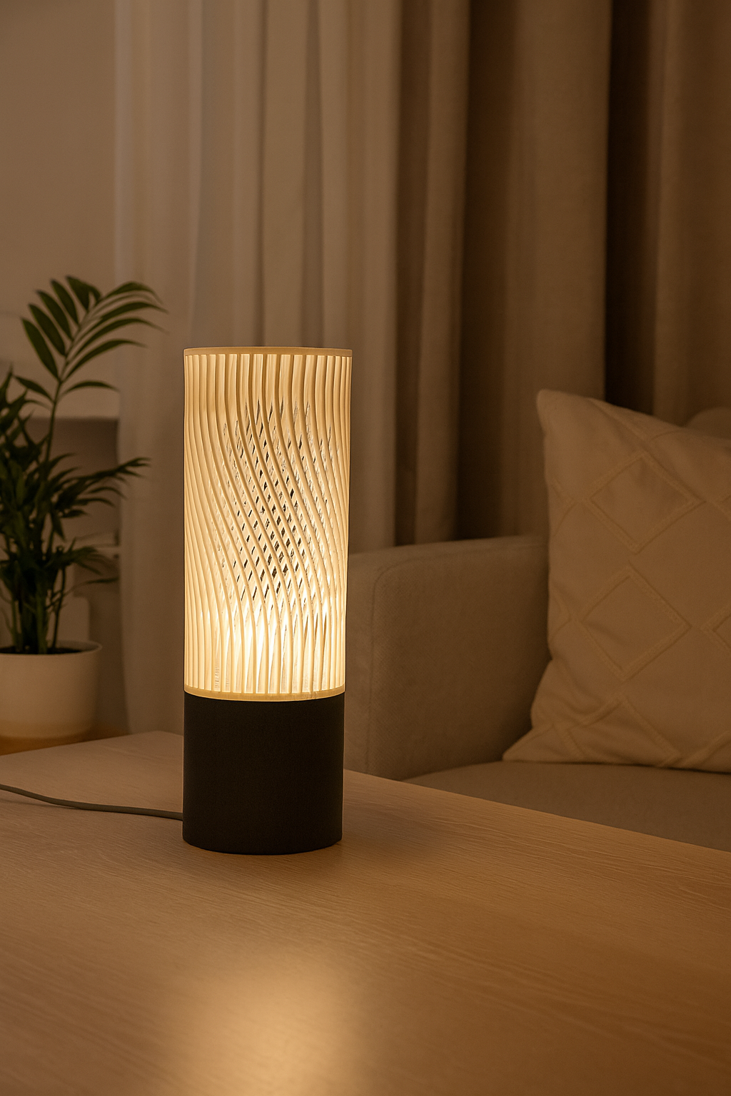 Spiral Modern Table Lamp with Openwork Cylinder Design and Grey Base – Stylish Ambient Lighting