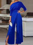 Women's Off-Shoulder Wide Leg Jumpsuit - Evening Occasion Jumpsuit