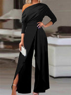 Women's Off-Shoulder Wide Leg Jumpsuit - Evening Occasion Jumpsuit