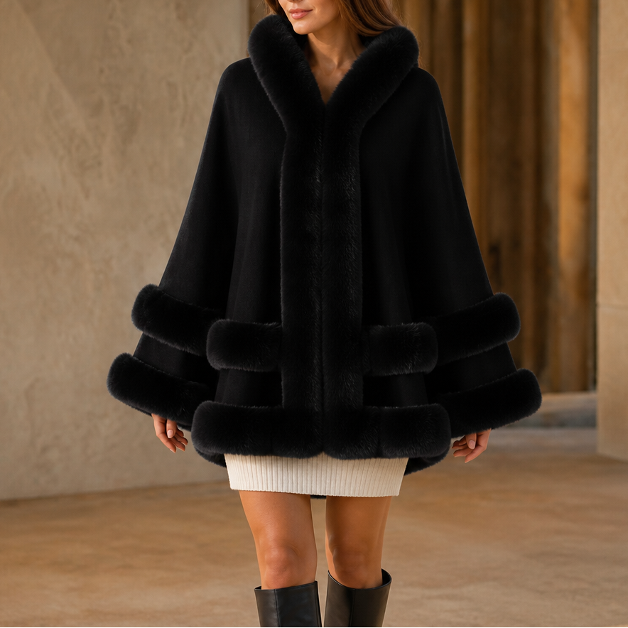 Women's Faux Fur Trim Hooded Knit Cape Coat – Open Front