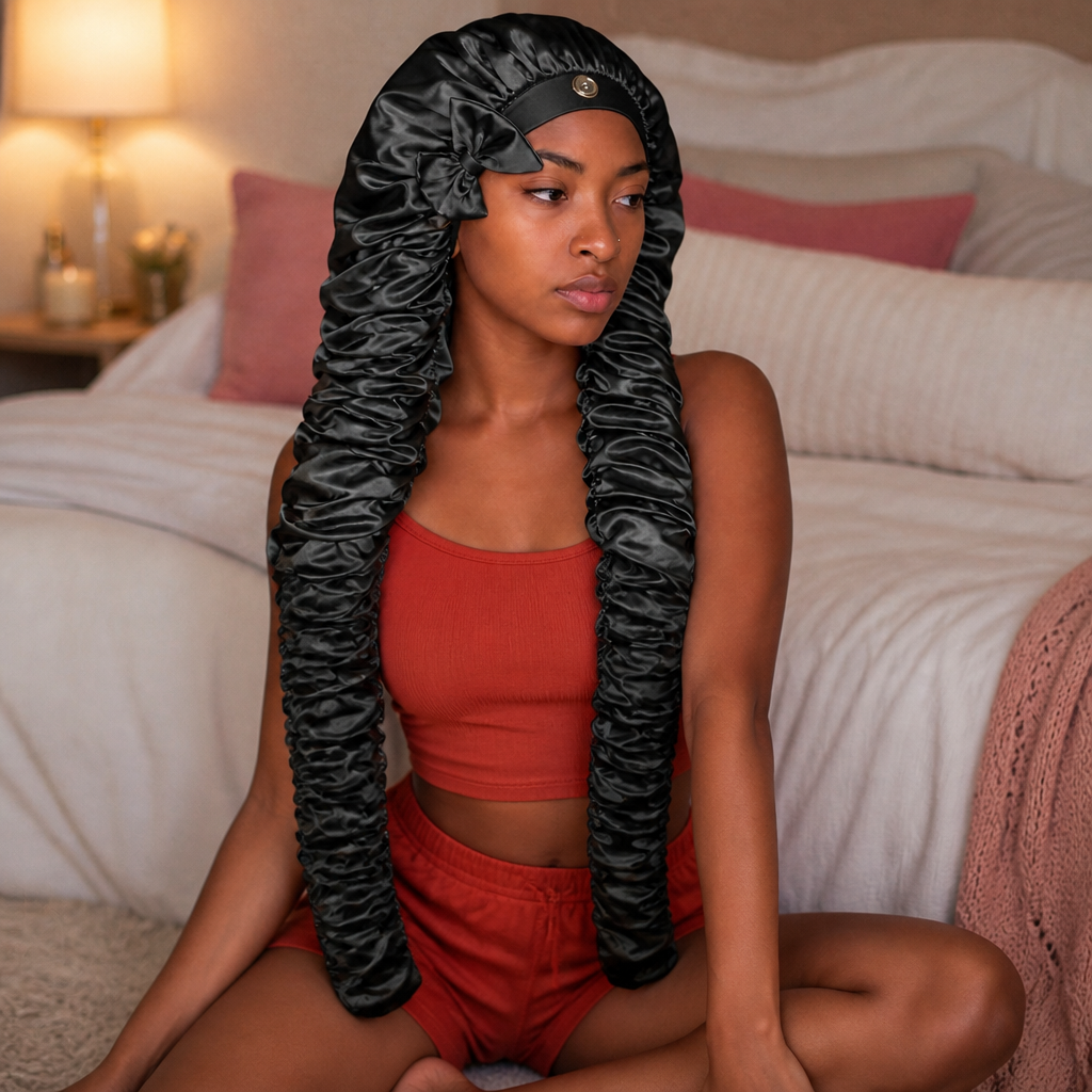 Long Hair Satin Sleep Bonnet with Extra-Long Sleeve and Secure Tie