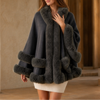 Women's Faux Fur Trim Hooded Knit Cape Coat – Open Front