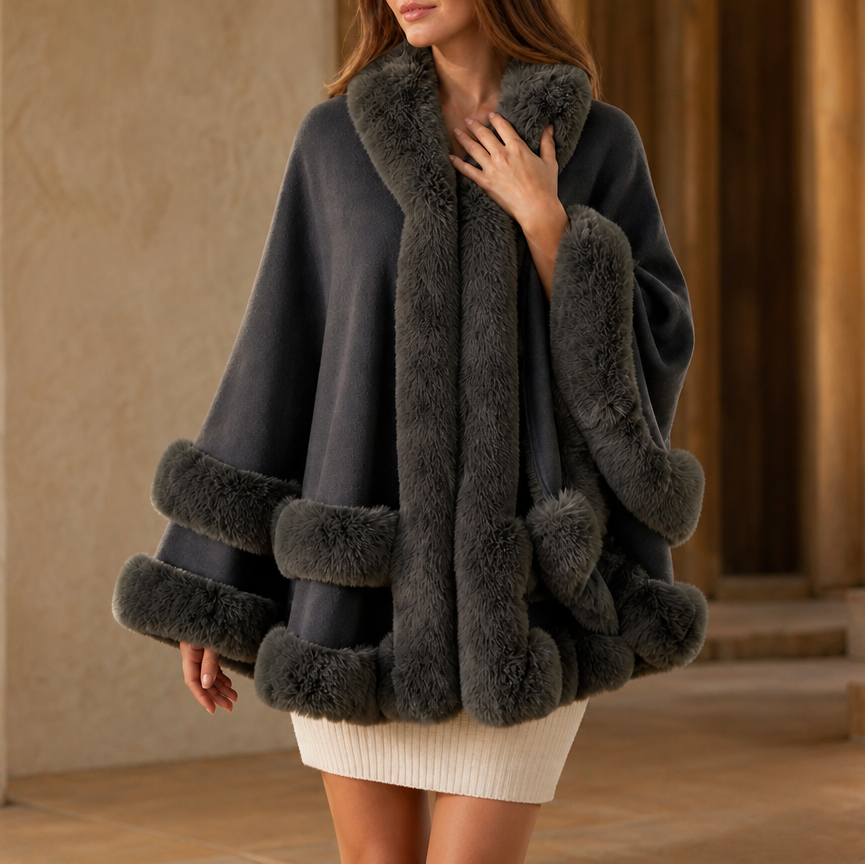 Women's Faux Fur Trim Hooded Knit Cape Coat – Open Front