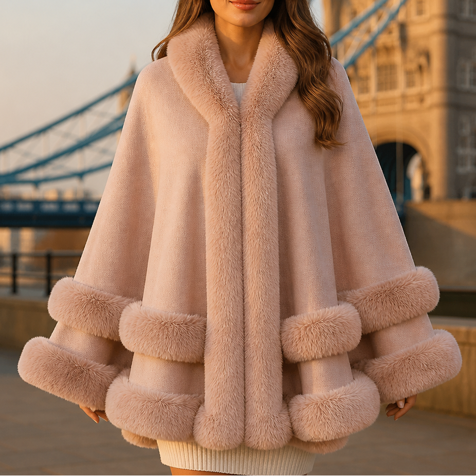Women's Faux Fur Trim Hooded Knit Cape Coat – Open Front