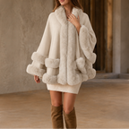 Women's Faux Fur Trim Hooded Knit Cape Coat – Open Front