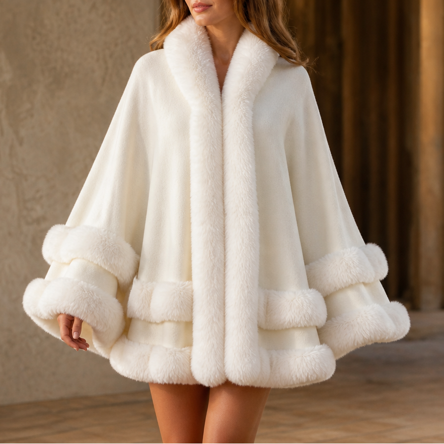 Women's Faux Fur Trim Hooded Knit Cape Coat – Open Front