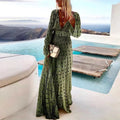 Women's Green Maxi Dress with Long Sleeves and V-Neck
