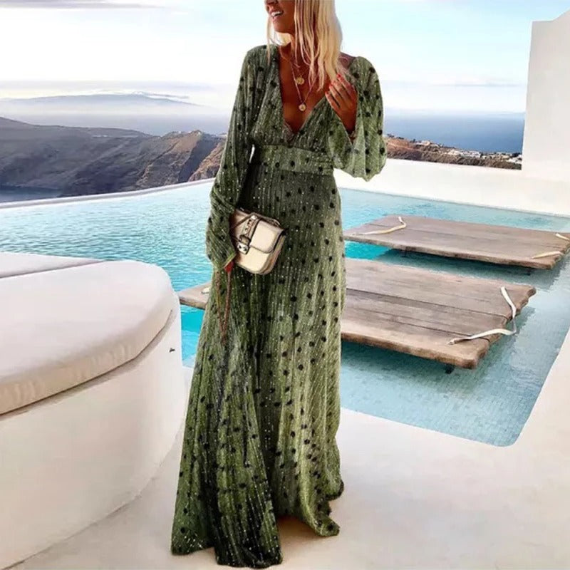 Women's Green Maxi Dress with Long Sleeves and V-Neck