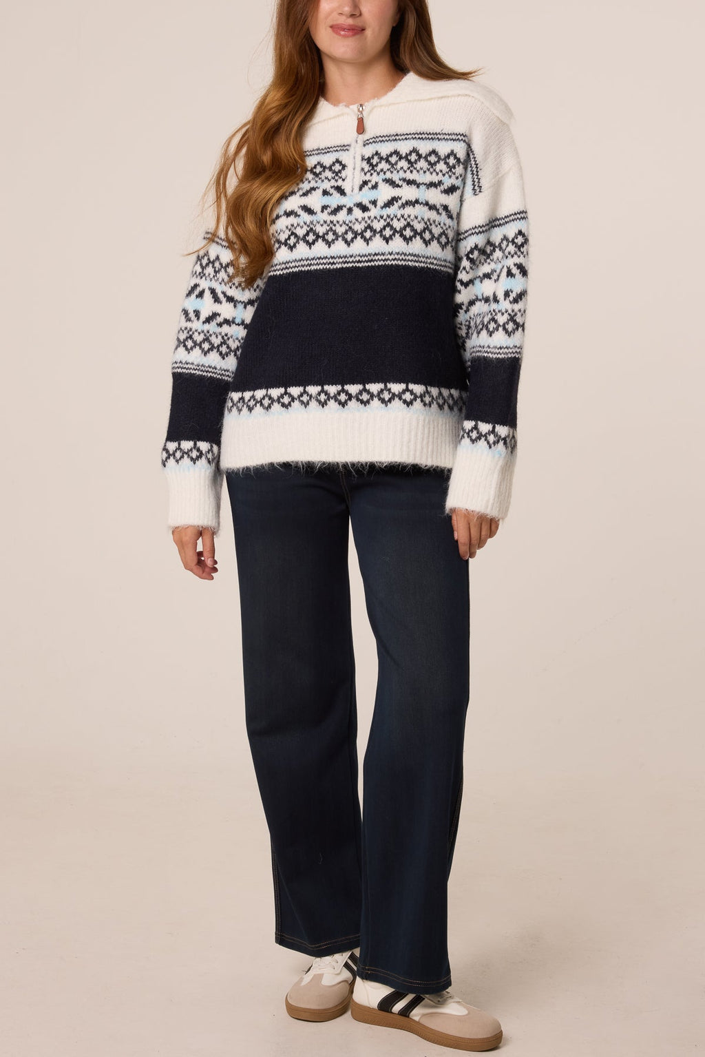 Womens 1/4 Zip Jumper Dress Nordic Style Knit Pullover