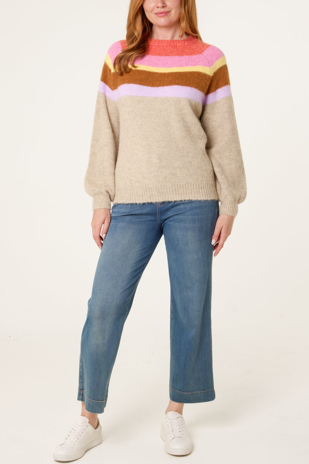 Women's Striped Balloon Sleeve Jumper - Beige Knit Pullover