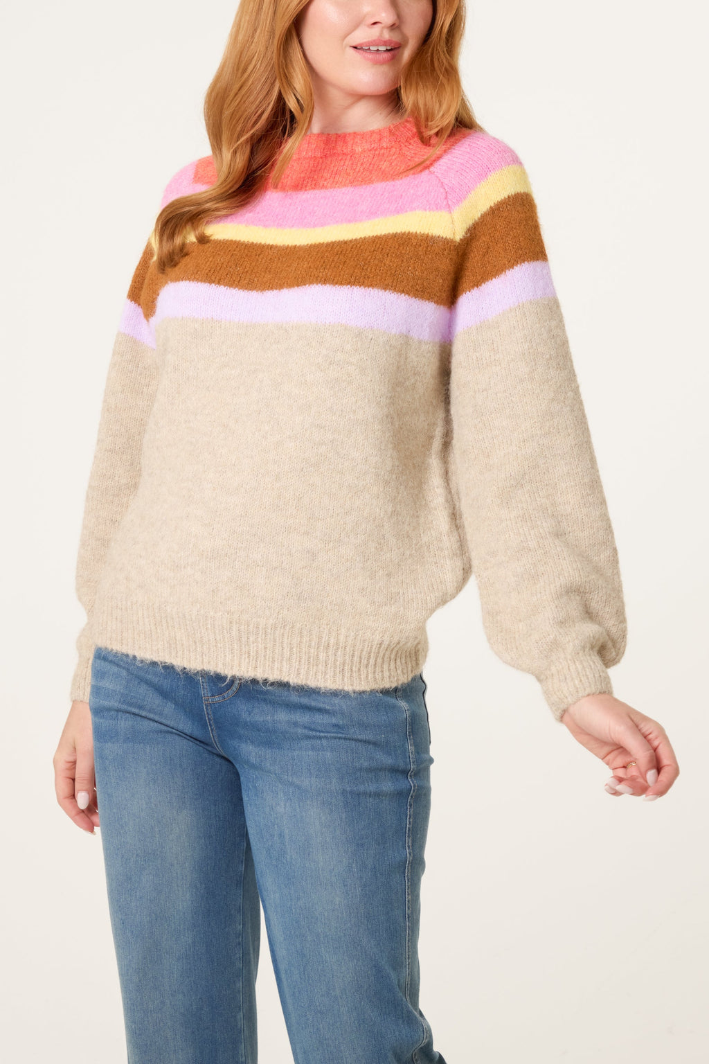 Women's Striped Balloon Sleeve Jumper - Beige Knit Pullover