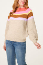 Women's Striped Balloon Sleeve Jumper - Beige Knit Pullover