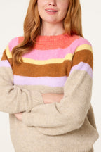 Women's Striped Balloon Sleeve Jumper - Beige Knit Pullover