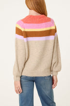 Women's Striped Balloon Sleeve Jumper - Beige Knit Pullover