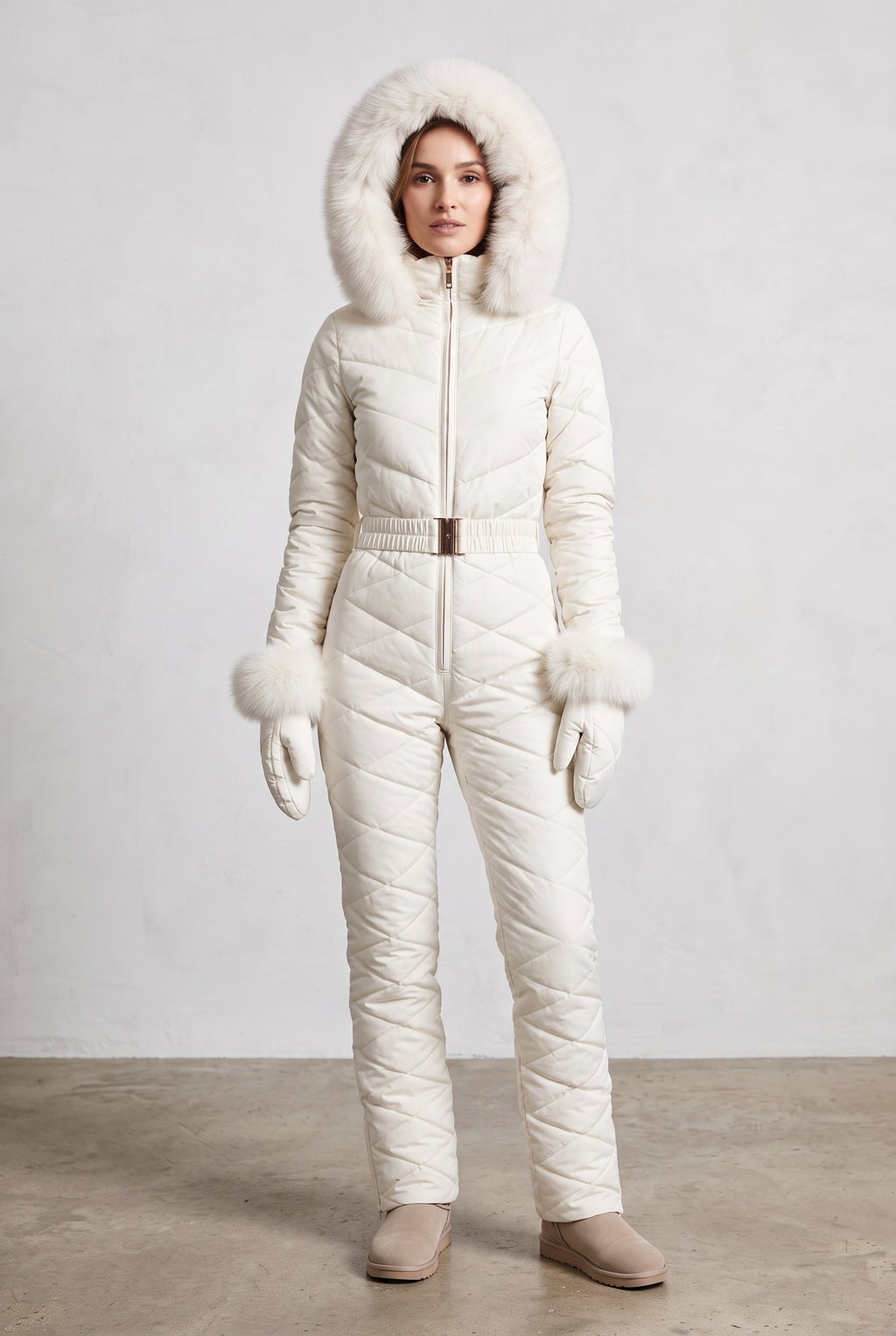 Hooded Snow Suit with Fur Trim in White — studio front