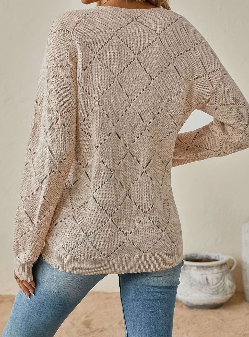 Women's V-Neck Diamond-Knit Long-Sleeve Sweater