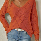 Women's V-Neck Diamond-Knit Long-Sleeve Sweater