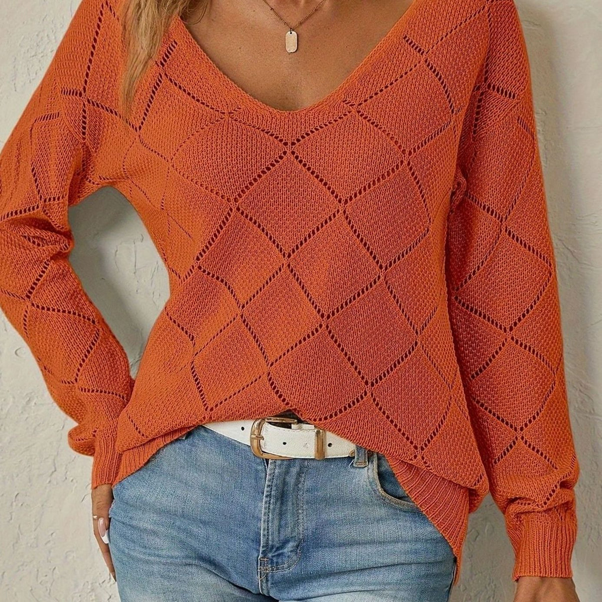 Women's V-Neck Diamond-Knit Long-Sleeve Sweater