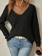 Women's V-Neck Diamond-Knit Long-Sleeve Sweater
