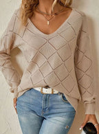 Women's V-Neck Diamond-Knit Long-Sleeve Sweater