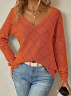 Women's V-Neck Diamond-Knit Long-Sleeve Sweater